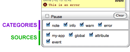 Screen capture of a Console footer with checkbox groups identified for categories and sources